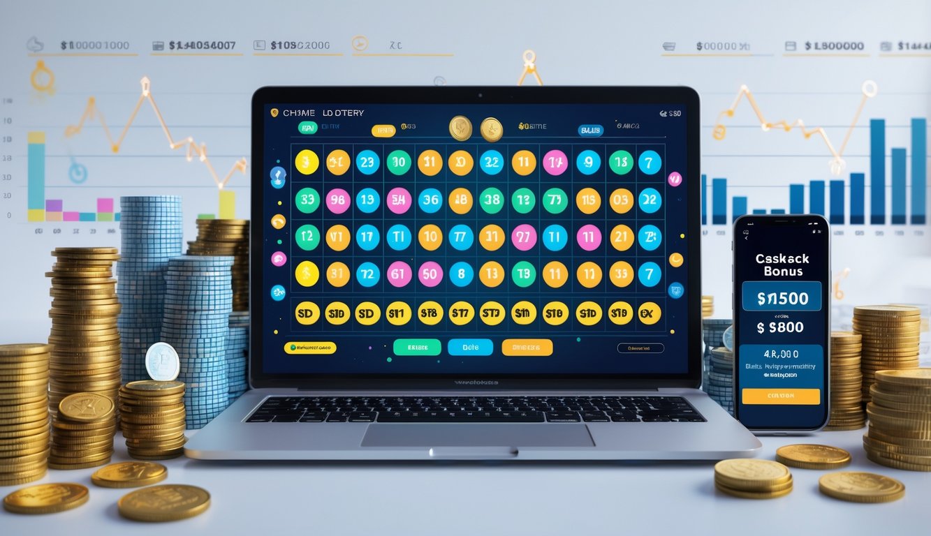 Seorang pria di depan laptop dengan layar menampilkan angka dan grafik lotere, dikelilingi uang dan ponsel yang menunjukkan notifikasi bonus cashback.