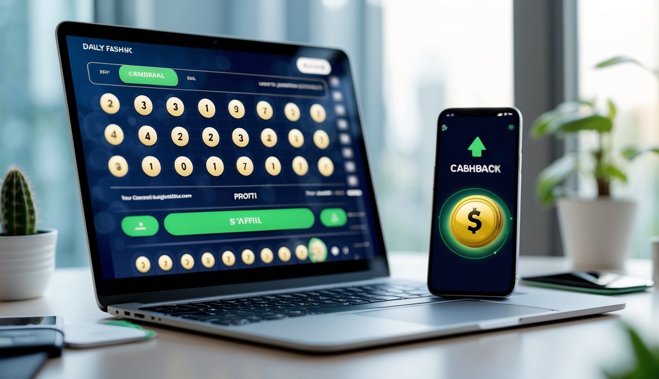 Sebuah meja kerja modern dengan laptop dan ponsel yang menampilkan antarmuka lotere digital dan notifikasi cashback, dikelilingi oleh bola lotere bernomor di latar belakang.