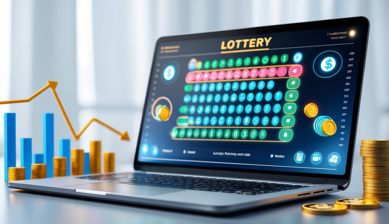 Seorang pengguna sedang melihat layar perangkat digital dengan tampilan angka dan grafik lotere, dikelilingi simbol keuntungan dan teknologi.
