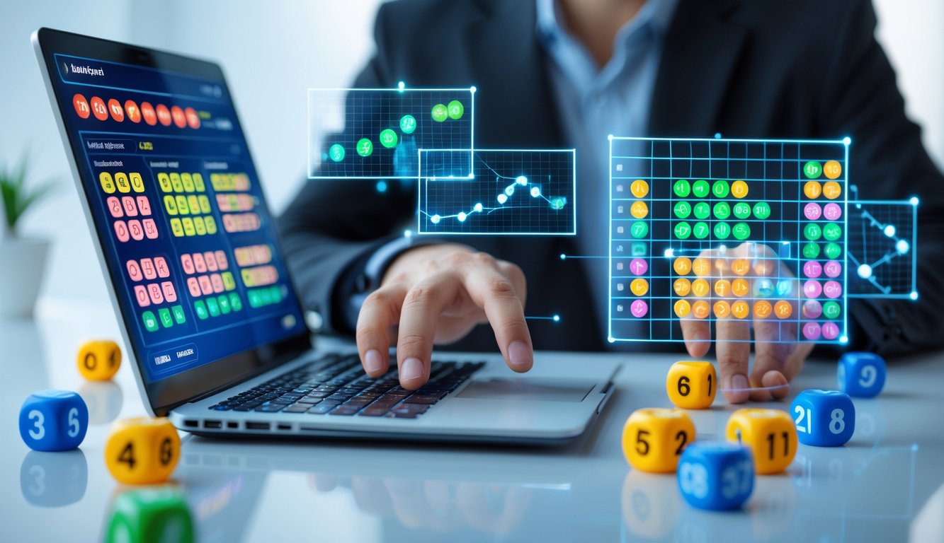 Seseorang menggunakan laptop dengan tampilan angka lotre dan grafik di layar, dikelilingi oleh antarmuka holografik yang menampilkan kombinasi angka 2D dan 3D.