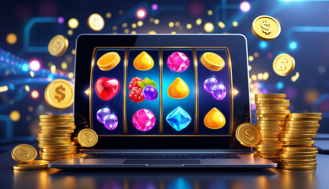 Layar komputer menampilkan permainan mesin slot berwarna-warni dengan koin emas dan simbol jackpot di sekitarnya.