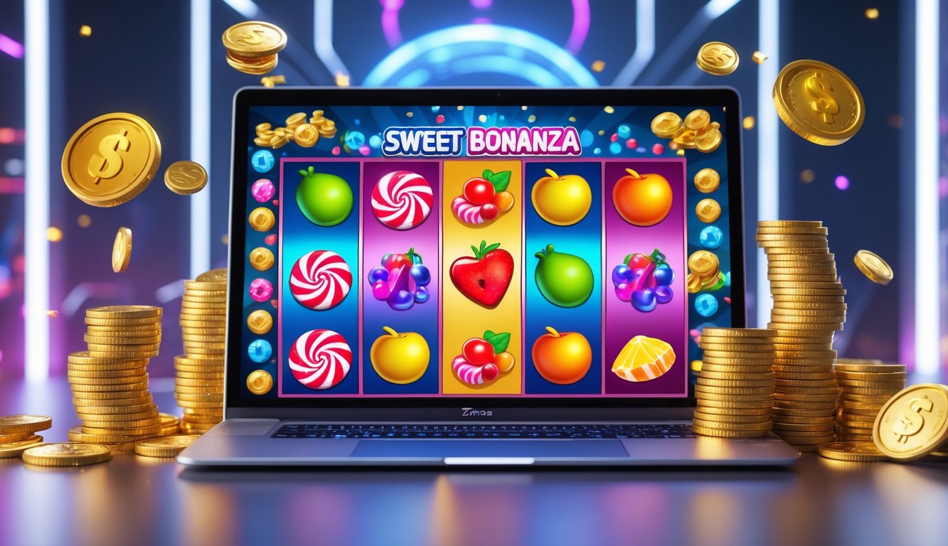 Seorang pemain sedang menggunakan komputer dengan layar menampilkan permainan slot bertema permen berwarna cerah, dikelilingi oleh tumpukan koin emas dan simbol kemenangan besar.
