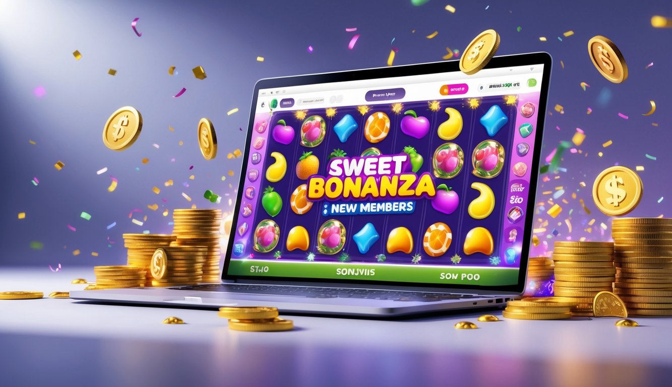 Layar komputer menampilkan permainan slot warna-warni dengan koin emas dan konfeti di sekitar, menggambarkan suasana kemenangan dan bonus dalam permainan daring.