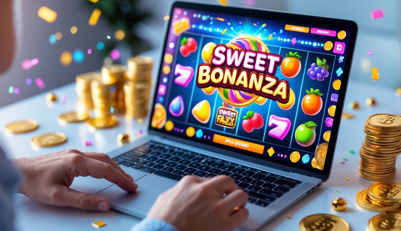 Seorang pemain menggunakan komputer dengan layar menampilkan permainan Sweet Bonanza penuh warna dan simbol buah serta permen, dikelilingi oleh koin emas dan tumpukan uang sebagai simbol kemenangan.