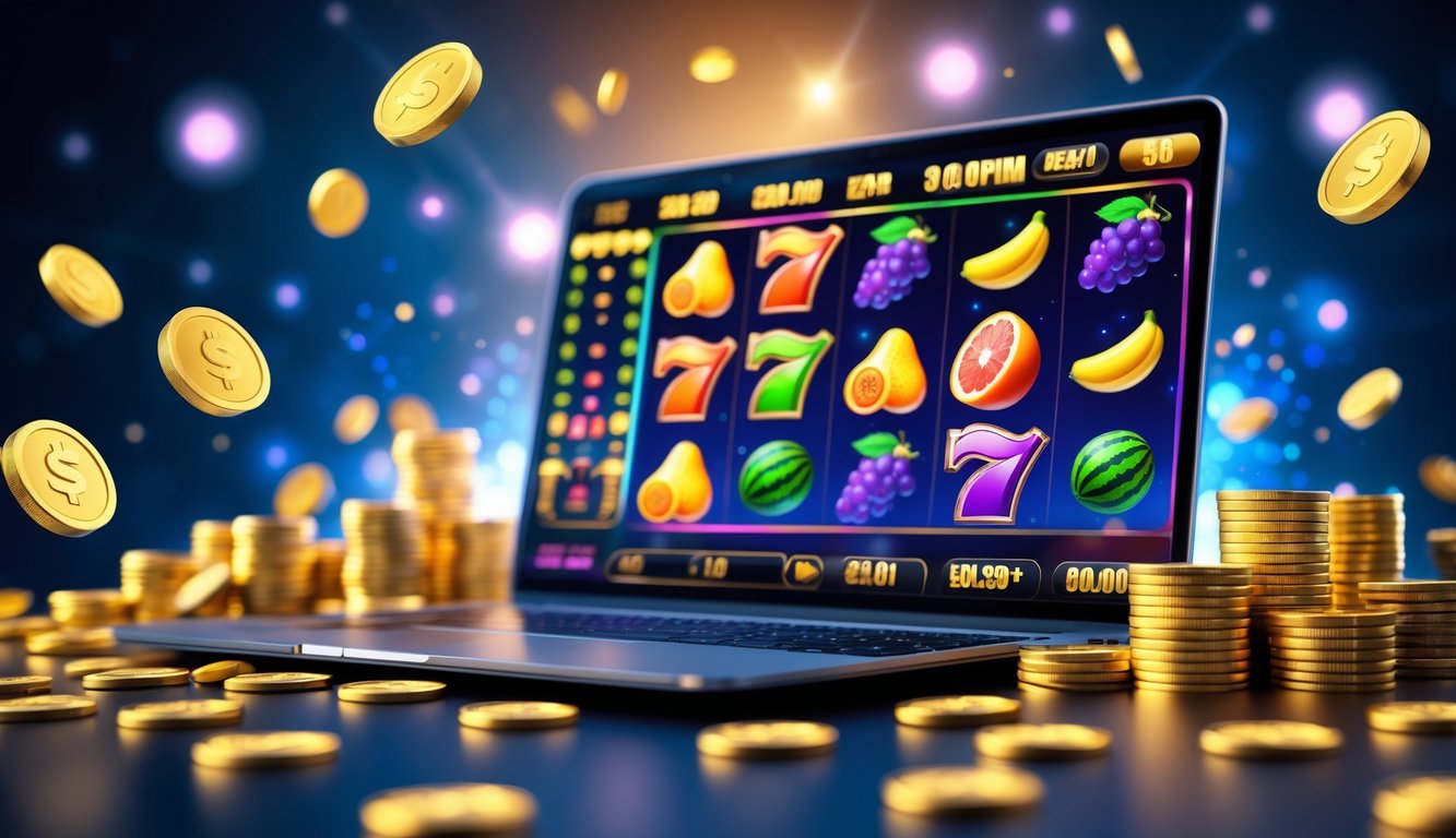 Layar laptop menampilkan permainan slot online dengan simbol buah dan koin emas di sekitarnya.