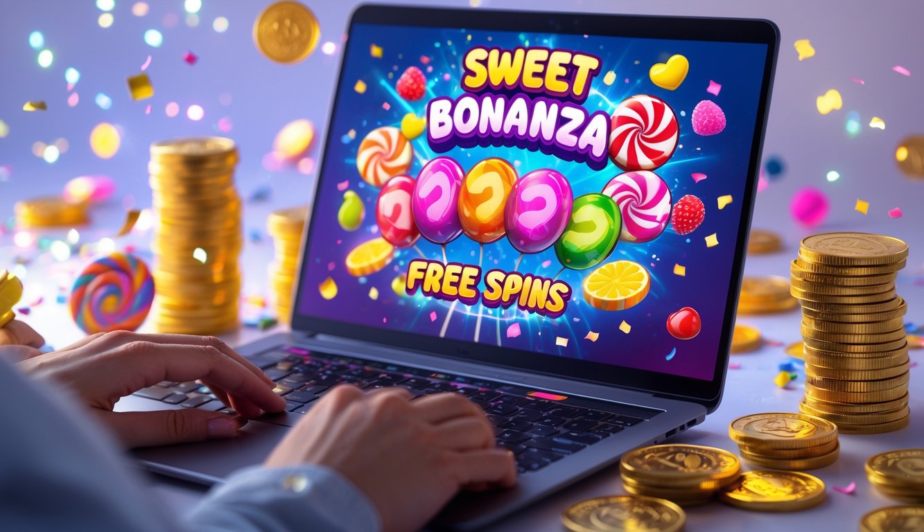 Seseorang bermain game Sweet Bonanza online di komputer dengan layar penuh warna dan tumpukan koin emas di sekitar.