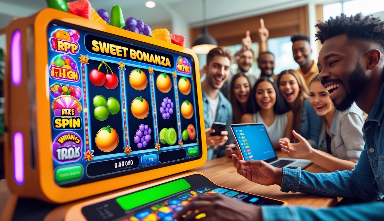 Orang-orang muda yang senang bermain permainan slot online dengan layar penuh warna dan simbol buah serta permen, merayakan kemenangan mereka.