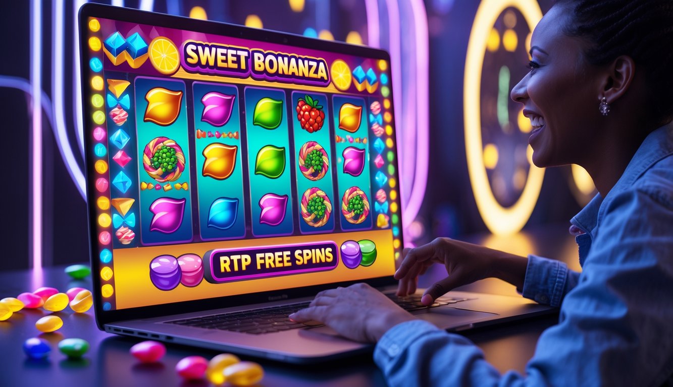 Seorang pemain yang antusias bermain mesin slot online dengan simbol permen warna-warni dan buah-buahan di layar perangkat digital.