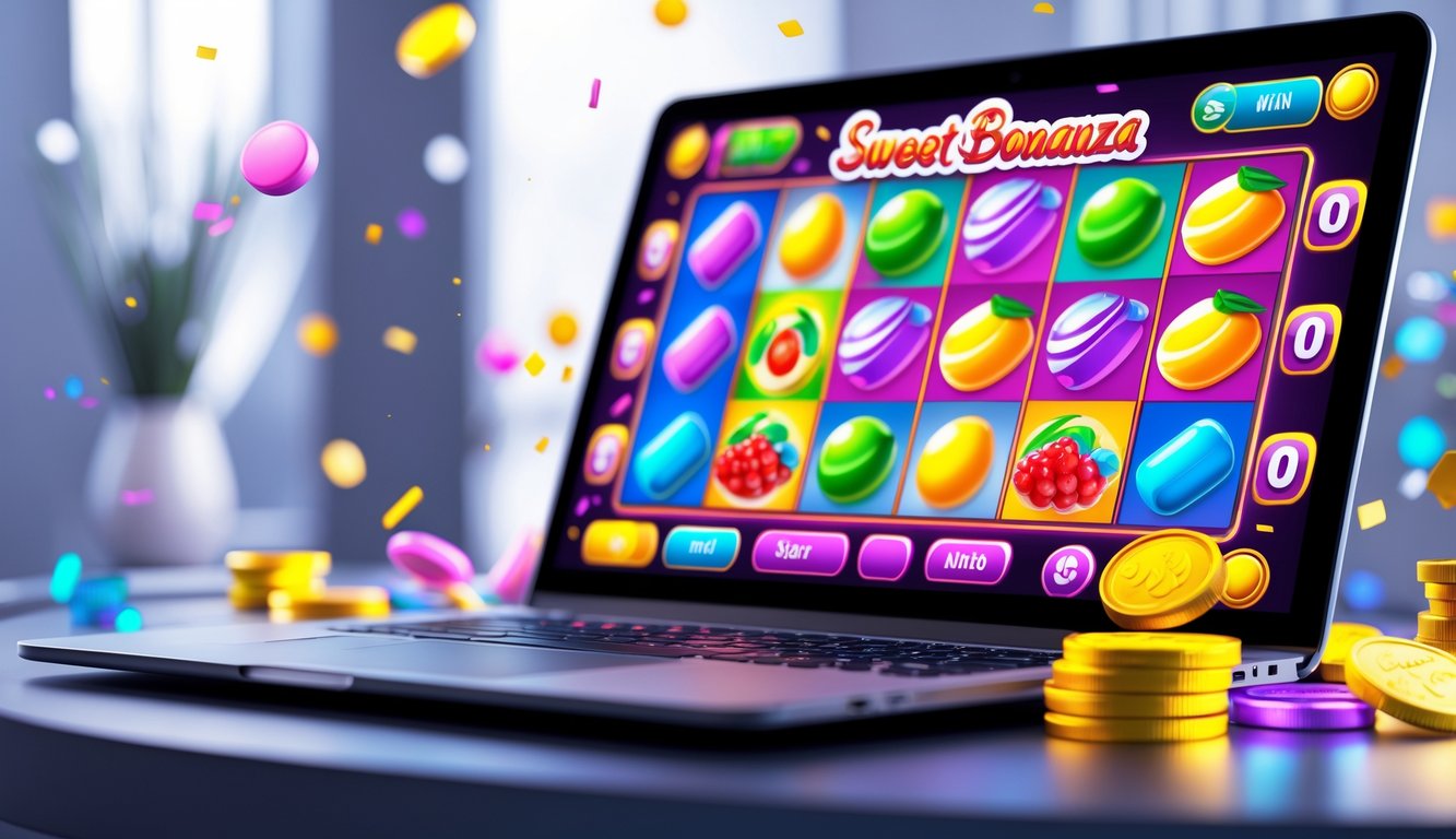 Layar komputer menampilkan permainan slot online dengan simbol permen berwarna-warni dan koin yang bersinar di sekitarnya.