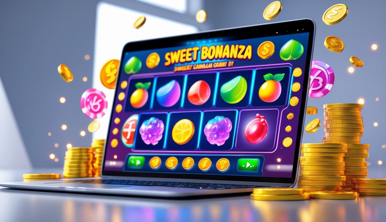 Sebuah layar komputer menampilkan permainan slot online dengan simbol permen dan buah, dikelilingi oleh koin digital dan ikon jackpot.