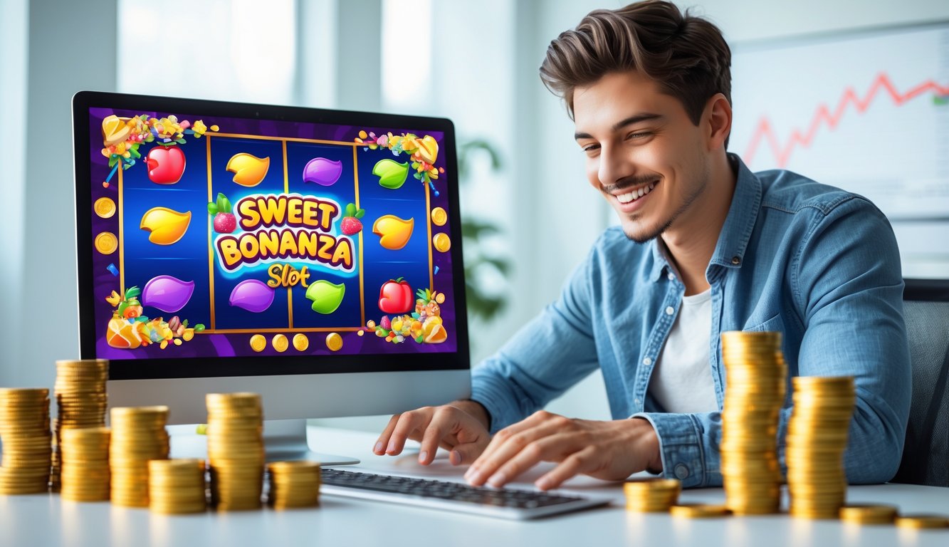 Seorang pria muda duduk di meja dengan laptop, bermain game slot online dengan ekspresi fokus dan senang, dikelilingi oleh koin dan simbol kemenangan.