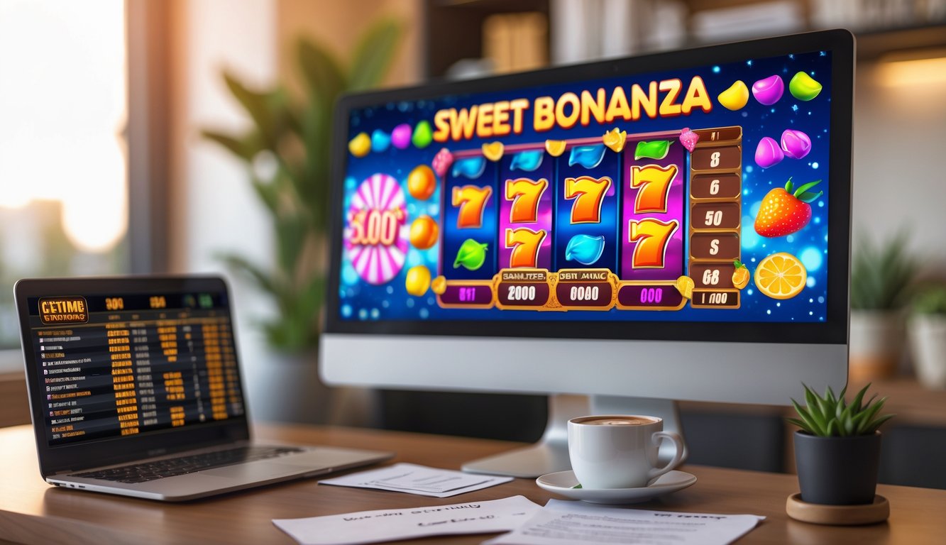 Meja kerja modern dengan komputer menampilkan permainan slot Sweet Bonanza dan peralatan pendukung seperti catatan dan ponsel.