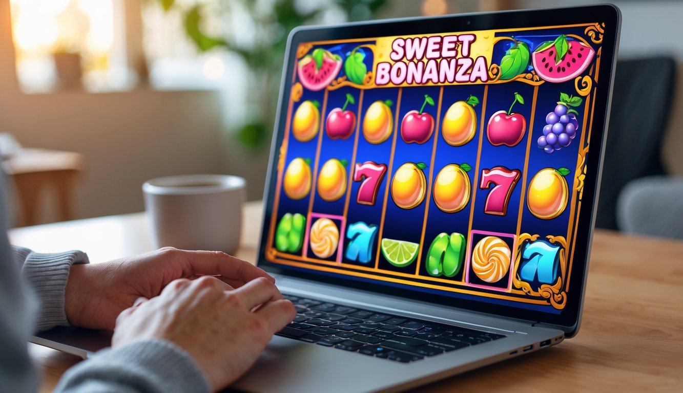 Seseorang bermain permainan slot online dengan layar komputer menampilkan simbol buah dan permen berwarna-warni di ruangan yang nyaman.