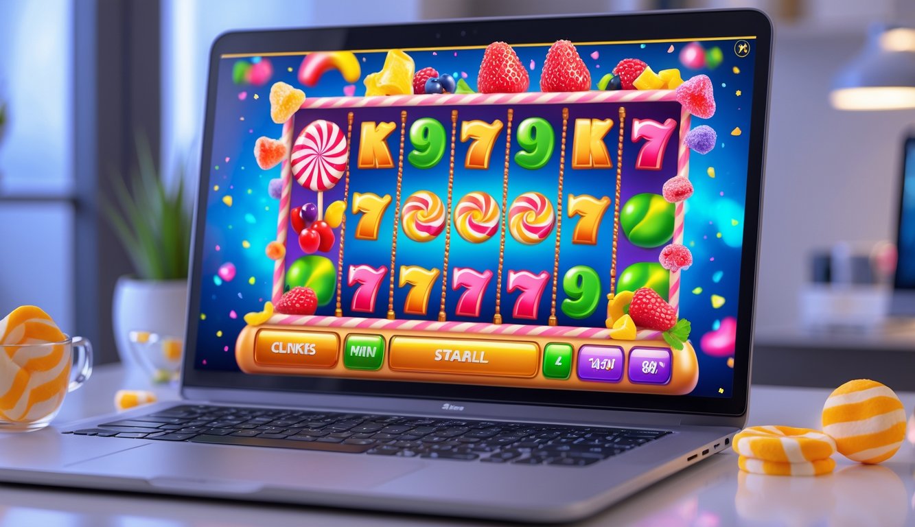 Layar komputer menampilkan permainan slot online dengan tema permen berwarna-warni dan latar belakang yang menunjukkan lingkungan permainan yang aman dan tersedia 24 jam.