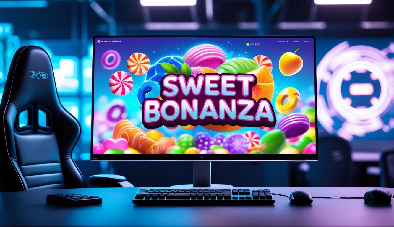 Sebuah meja komputer modern dengan layar menampilkan permainan slot online bertema permen dan buah, menunjukkan suasana permainan yang seru dan stabil.