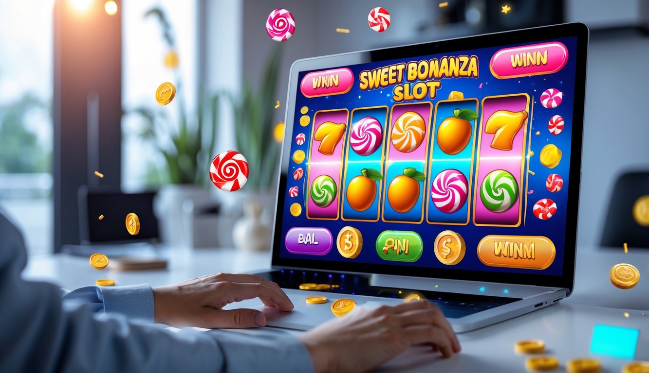 Seseorang bermain permainan slot Sweet Bonanza di komputer dengan suasana ruangan yang terang dan rapi.