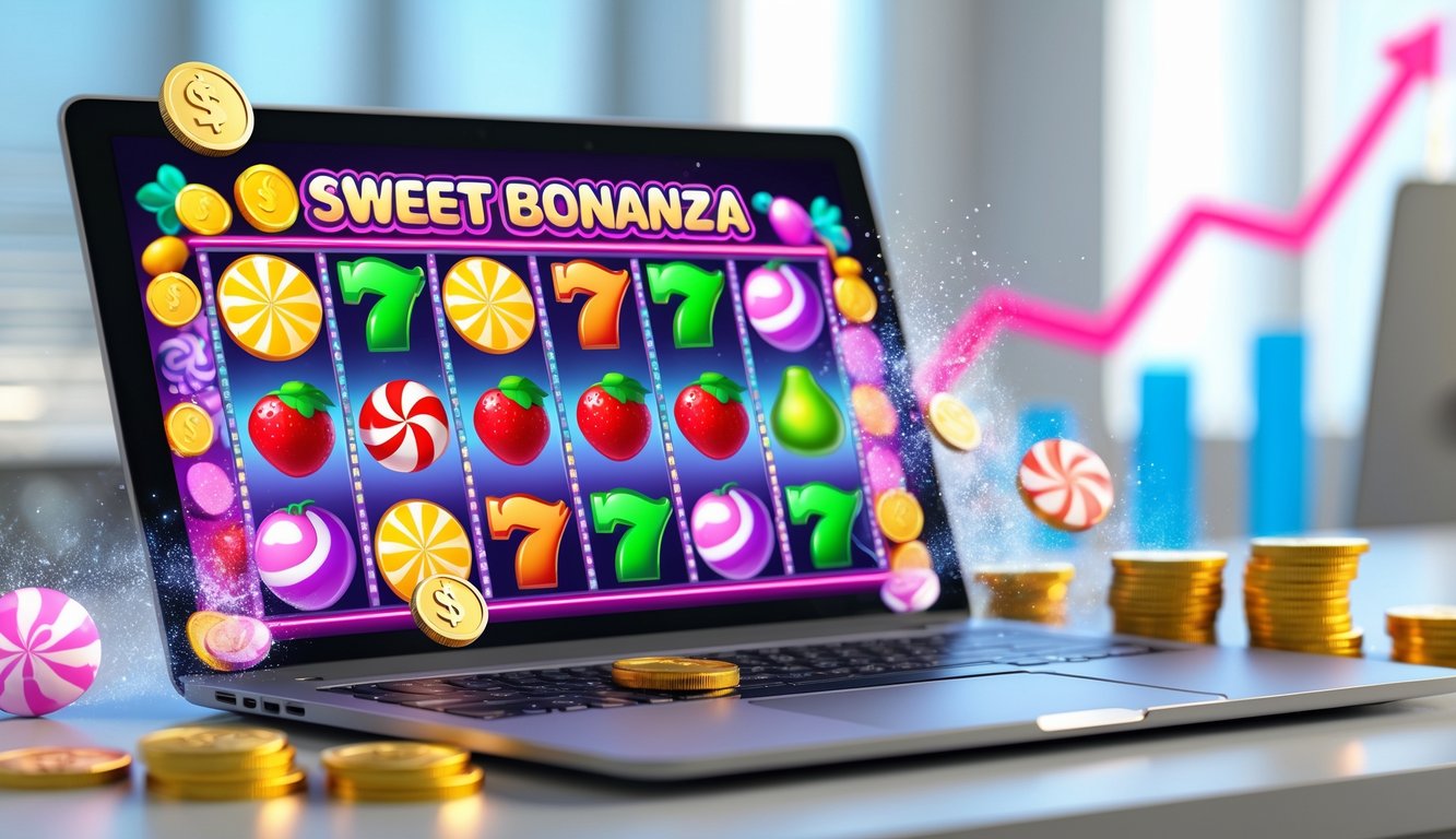 Layar perangkat menampilkan permainan mesin slot dengan simbol permen dan buah warna-warni, dikelilingi koin dan grafik naik di latar belakang.