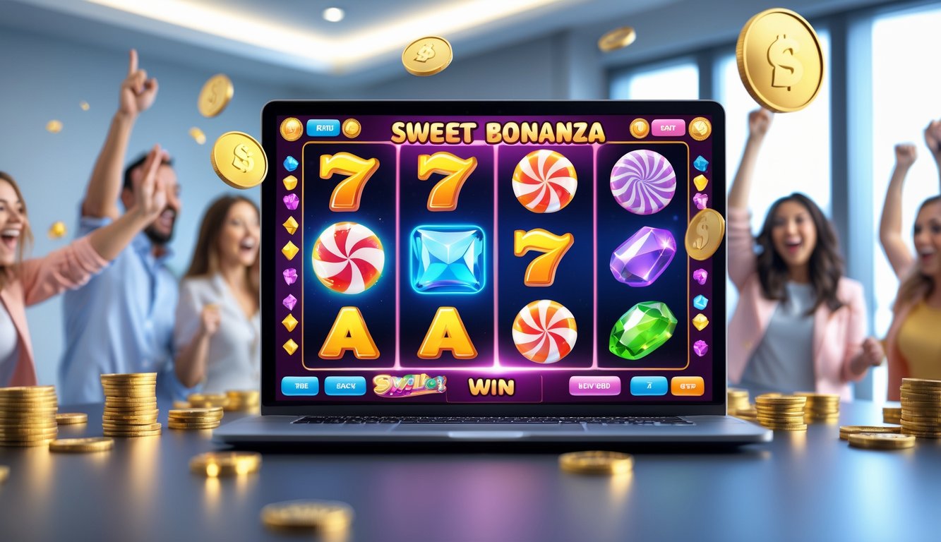 Orang-orang sedang merayakan kemenangan besar saat bermain game slot online dengan layar laptop menampilkan simbol permen dan koin emas.
