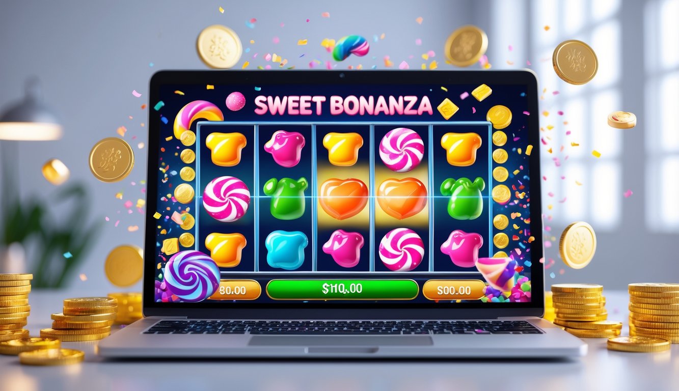Layar komputer menampilkan permainan slot online dengan simbol permen berwarna-warni dan koin emas di sekitarnya, menggambarkan suasana kemenangan dan keseruan bermain slot.