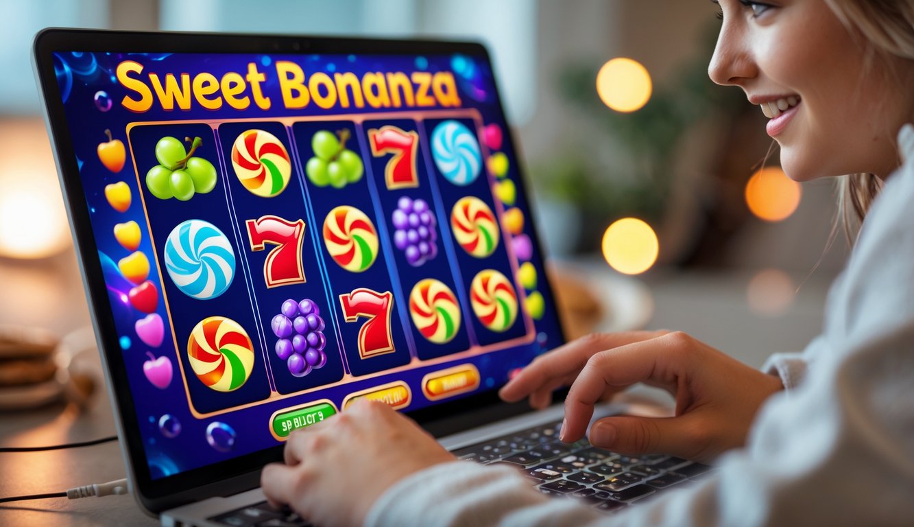 Seorang dewasa muda sedang bermain permainan slot online dengan layar komputer menampilkan simbol permen dan buah warna-warni.