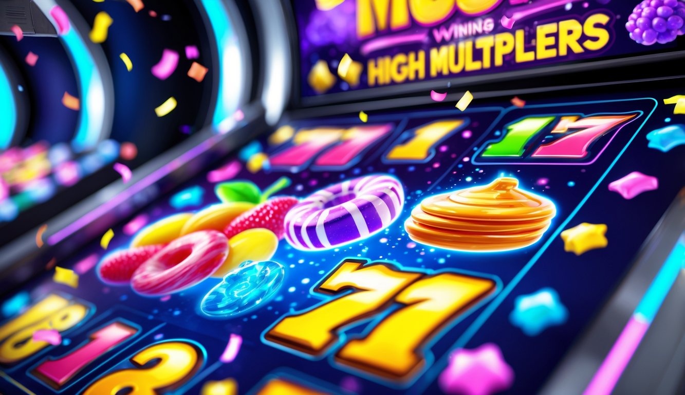 Layar mesin slot digital dengan simbol buah dan permen berwarna-warni, menampilkan suasana kemenangan dengan efek cahaya dan konfeti.