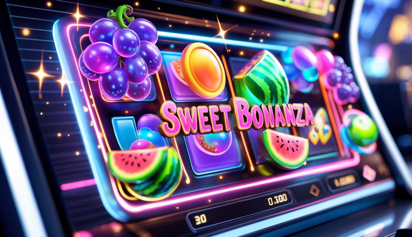 Mesin slot digital dengan simbol buah warna-warni dan ikon pengali yang bersinar, menggambarkan kemenangan besar dalam permainan slot online.