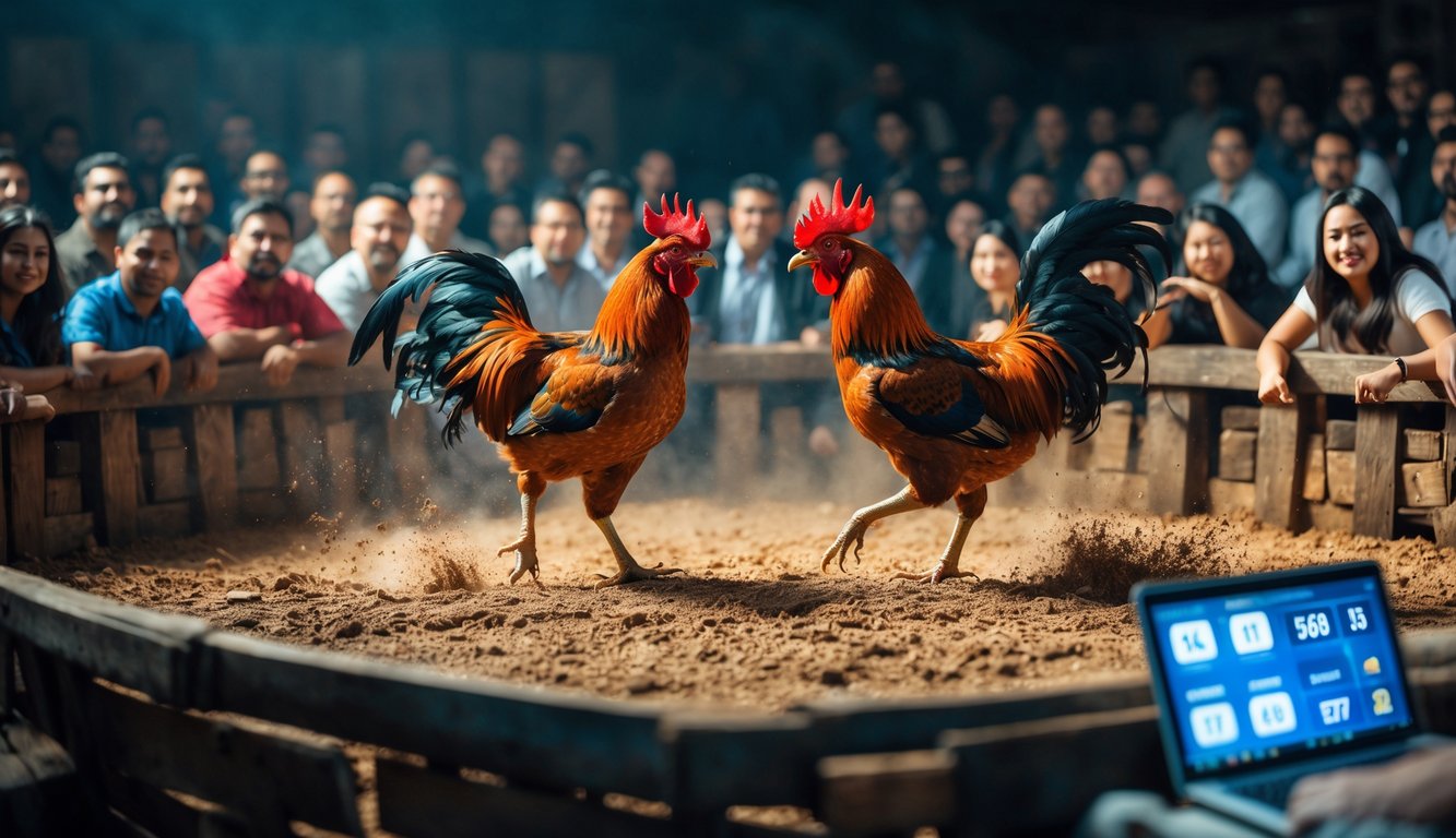 Dua ayam jago sedang bertarung di arena kayu dengan penonton yang antusias mengamati dari sekitar.