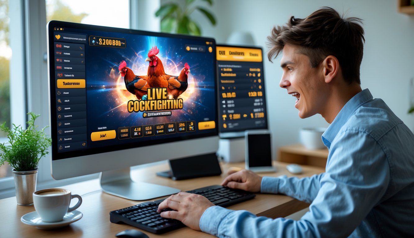 Seorang pria muda fokus menonton pertandingan sabung ayam secara langsung di komputer di dalam ruangan yang terang dan rapi.