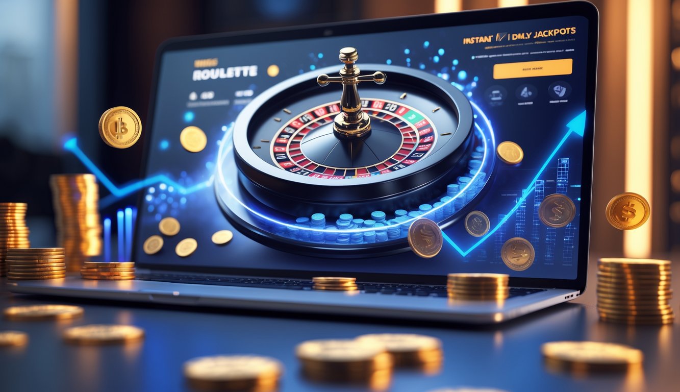 Sebuah roda roulette digital yang sedang berputar pada layar perangkat dengan tumpukan koin dan chip di sekitarnya, menggambarkan permainan roulette online dengan kemenangan dan jackpot harian.