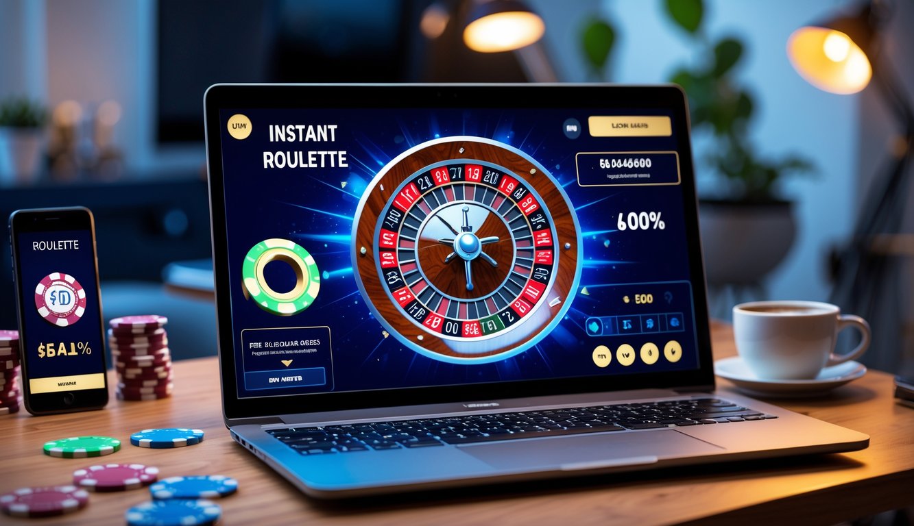 Seorang pengguna bermain roulette online di laptop dengan tampilan roda roulette yang berputar dan suasana ruang kerja modern.