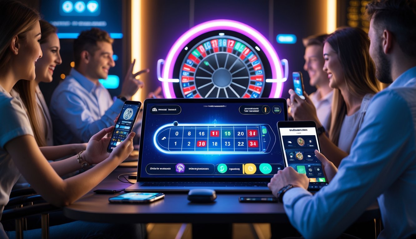 Orang-orang bermain roulette online menggunakan perangkat digital di ruangan modern yang terang dan aman.