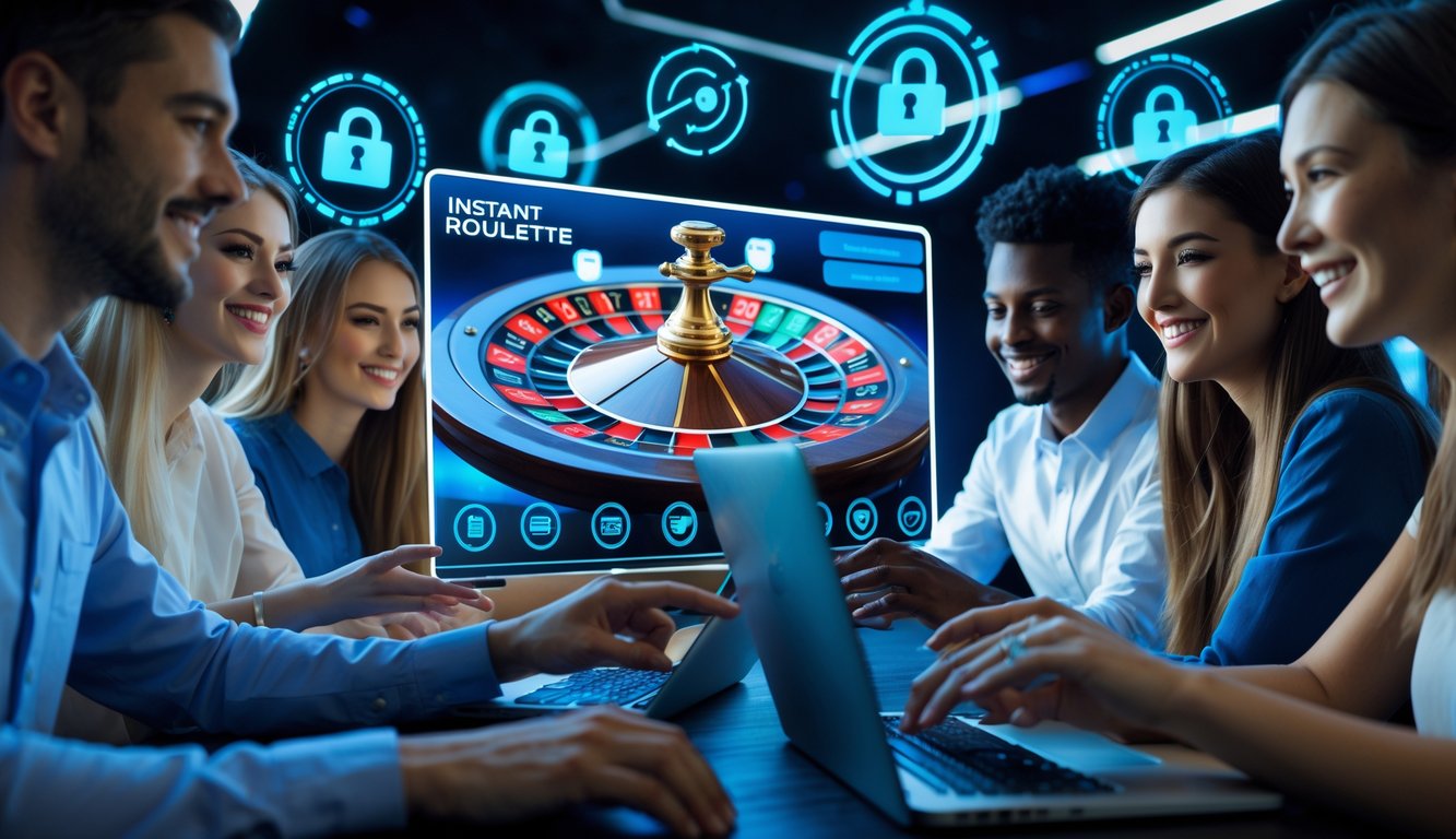 Orang-orang menggunakan perangkat digital untuk bermain roulette online dengan suasana yang profesional dan terpercaya.