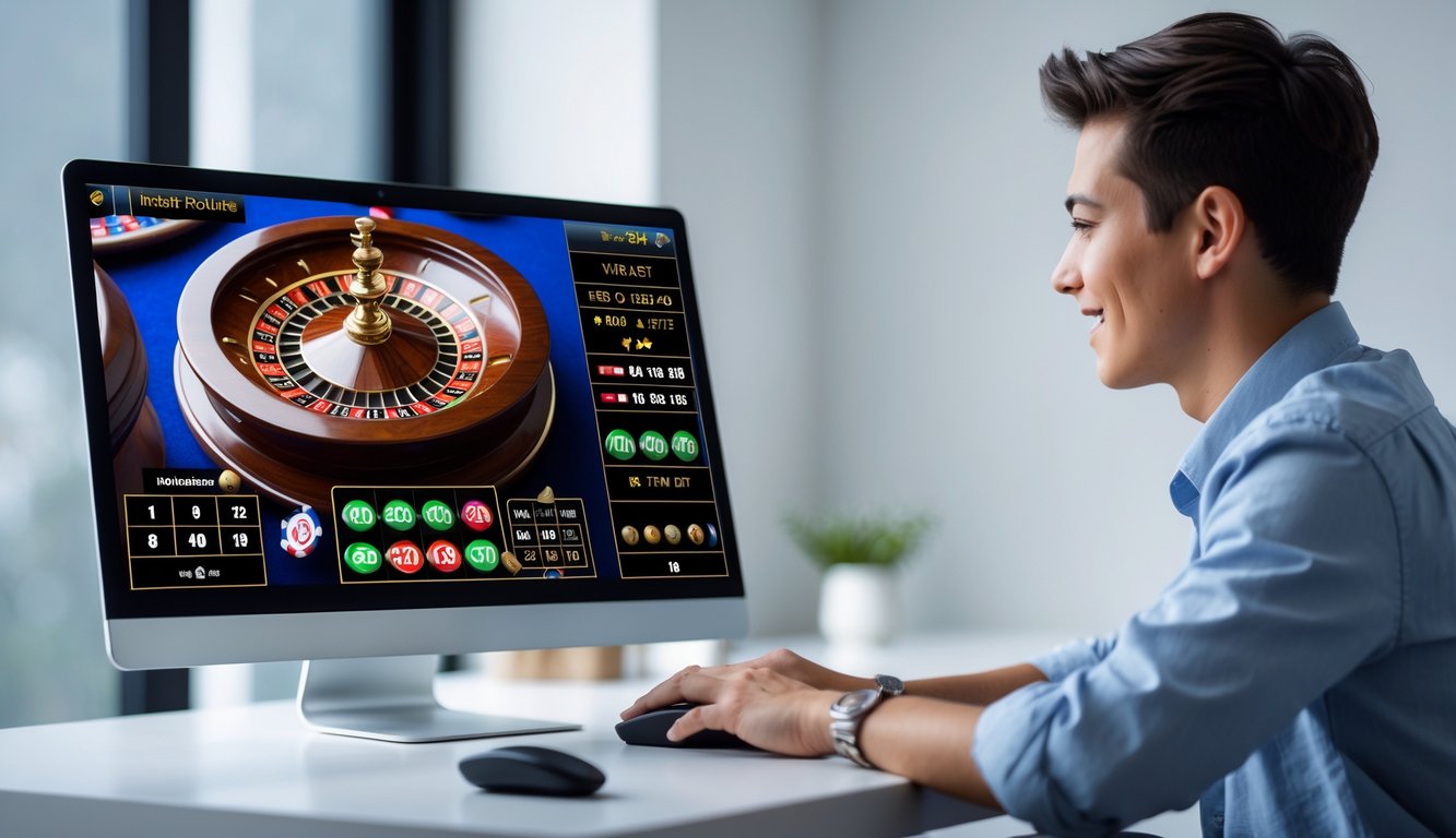 Seseorang sedang bermain roulette online di depan komputer dengan tampilan roda roulette berputar dan chip digital di layar.