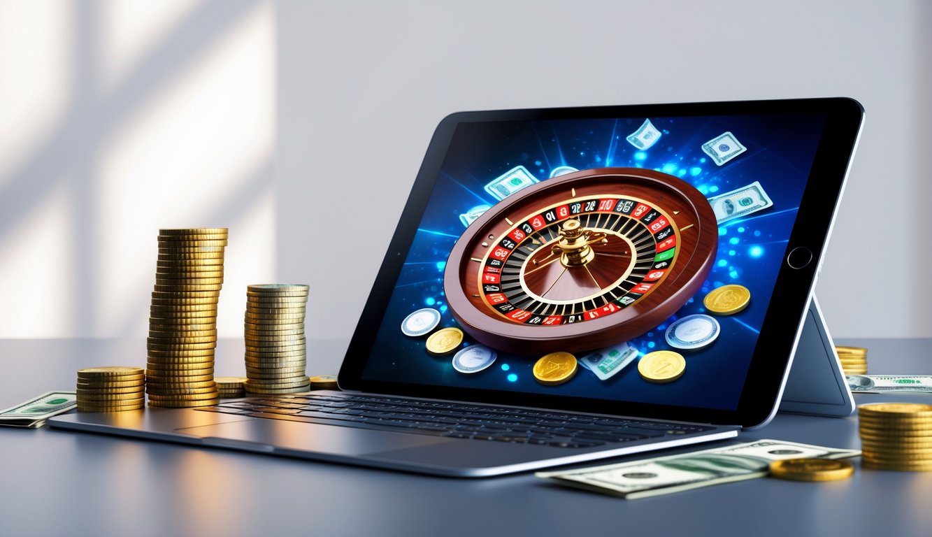 Seseorang menggunakan laptop dengan permainan roulette online di layar, dikelilingi oleh tumpukan koin dan uang kertas.