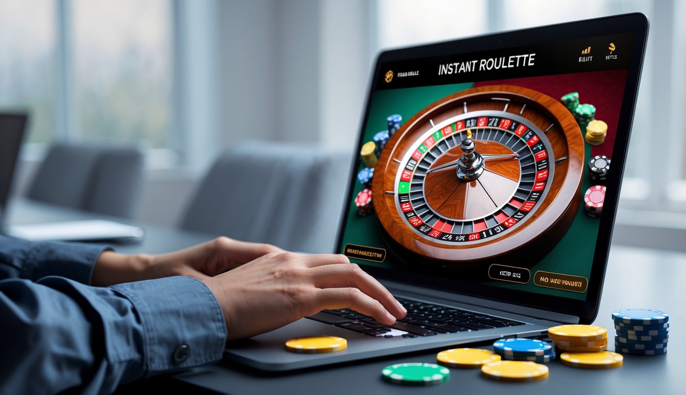Seseorang sedang bermain roulette online di komputer dengan roda roulette berputar dan chip taruhan di layar.