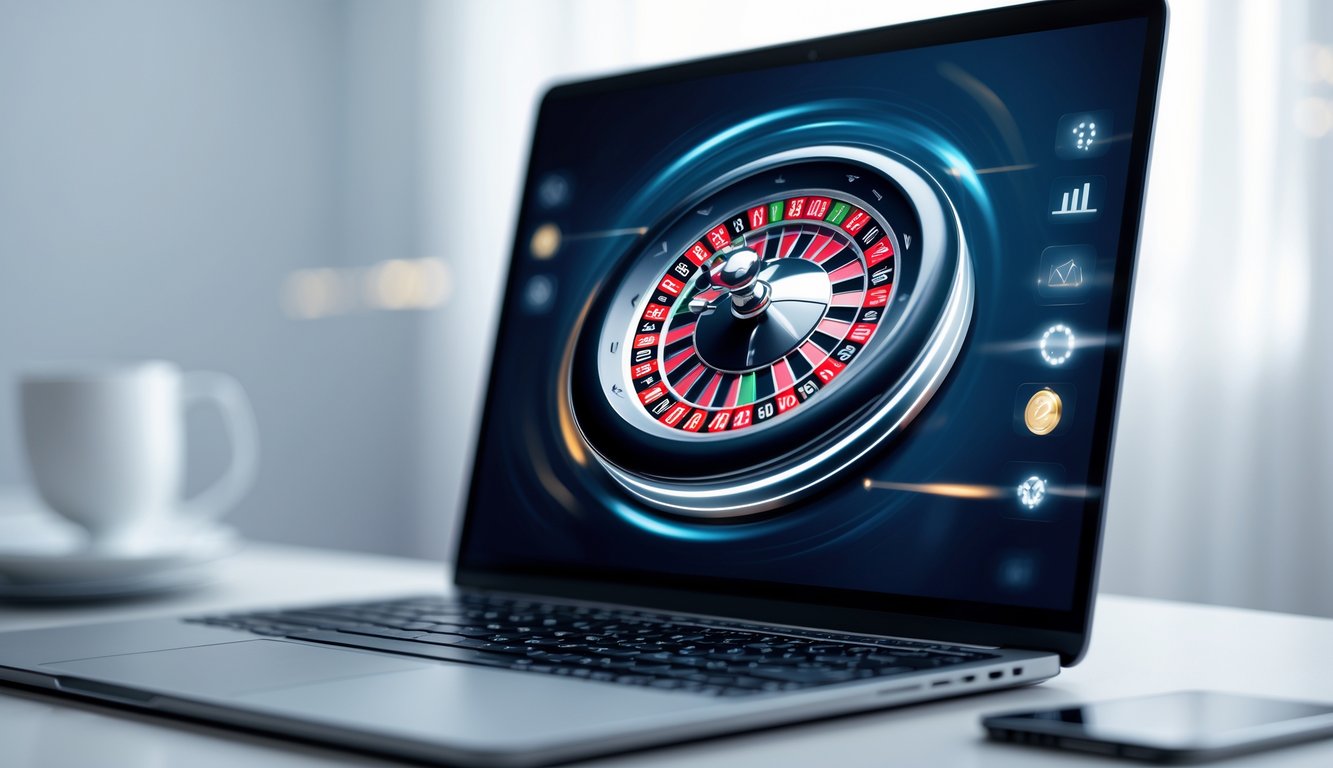 Seorang pengguna sedang bermain roulette online di komputer dengan tampilan roda roulette digital yang berputar cepat dan sinyal jaringan yang kuat.