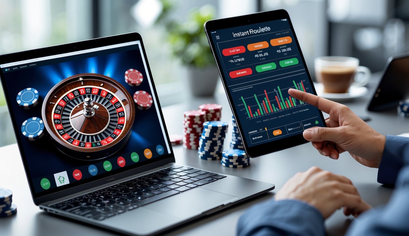 Seseorang sedang menggunakan laptop dan tablet di meja dengan tampilan roda roulette digital dan chip poker di sekitarnya.