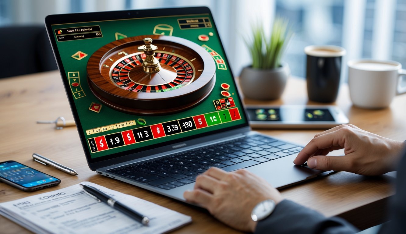 Seorang profesional sedang bekerja dengan laptop yang menampilkan permainan roulette online dan catatan strategi di meja kerja.