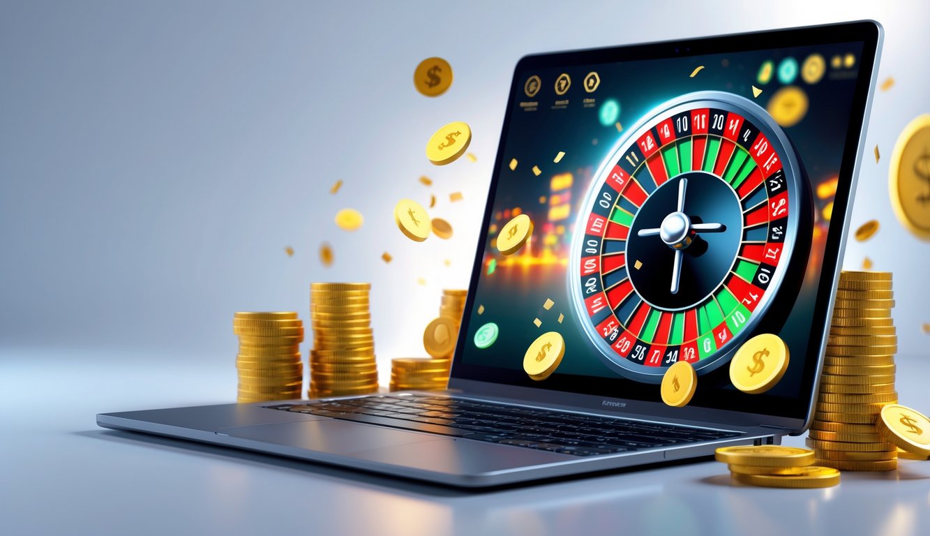 Sebuah laptop menampilkan roda roulette berputar dengan koin dan uang di sekitarnya, menggambarkan pengalaman permainan roulette online dengan bonus.