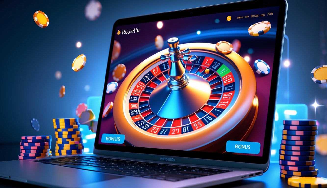Sebuah laptop menampilkan roda roulette yang sedang berputar dengan chip poker dan ikon bonus di sekitarnya.