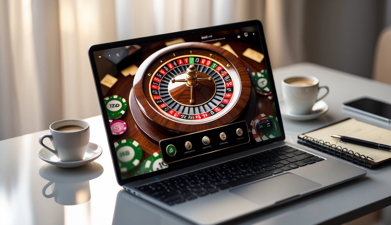 Layar laptop menampilkan permainan roulette online dengan roda roulette berputar, di atas meja dengan secangkir kopi dan ponsel di sekitarnya.