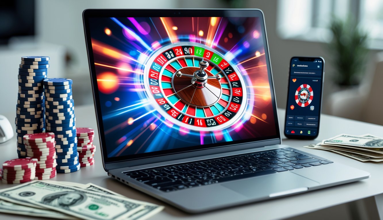 Seseorang menggunakan komputer dengan tampilan roda roulette online yang berputar, dikelilingi oleh chip poker dan ponsel yang menampilkan aplikasi taruhan.