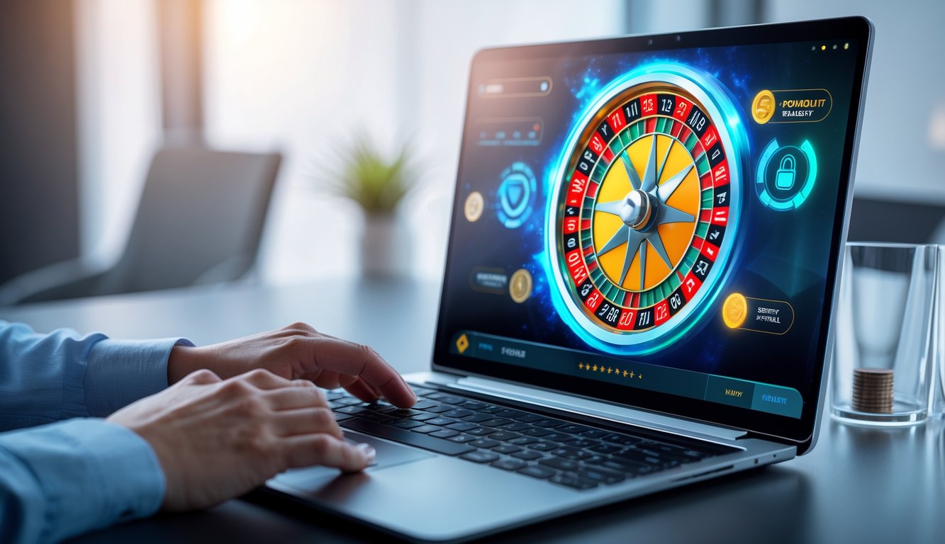 Seseorang menggunakan laptop untuk bermain roulette online dengan tampilan roda roulette yang berputar dan ikon keamanan serta transaksi cepat di layar.