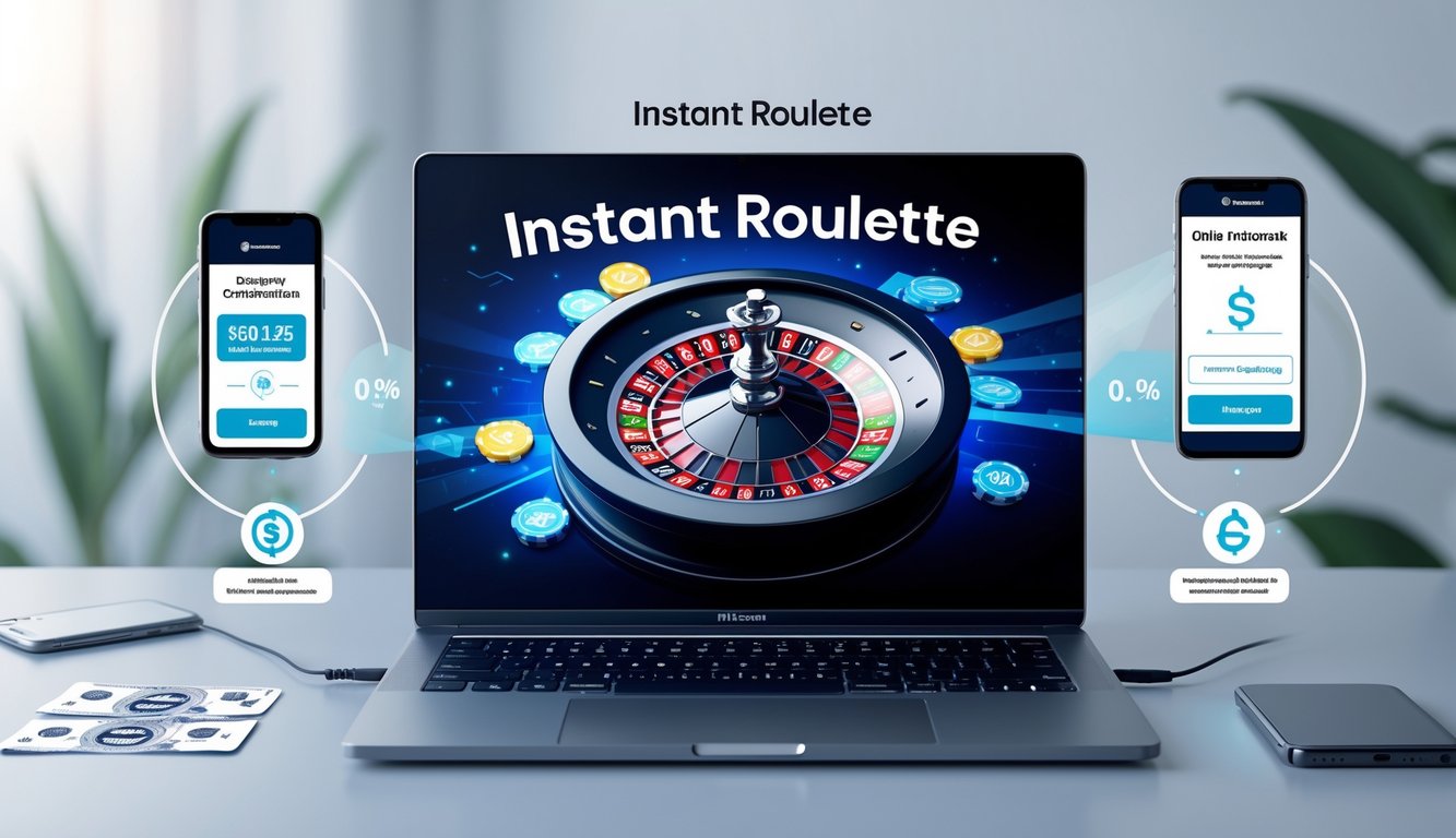 Seseorang menggunakan laptop dengan tampilan roda roulette online yang sedang berputar dan ikon transaksi digital di sekitarnya.