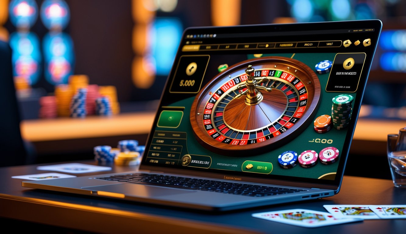 Seorang pria menggunakan laptop dengan tampilan permainan roulette online yang berwarna-warni di meja kerja modern.
