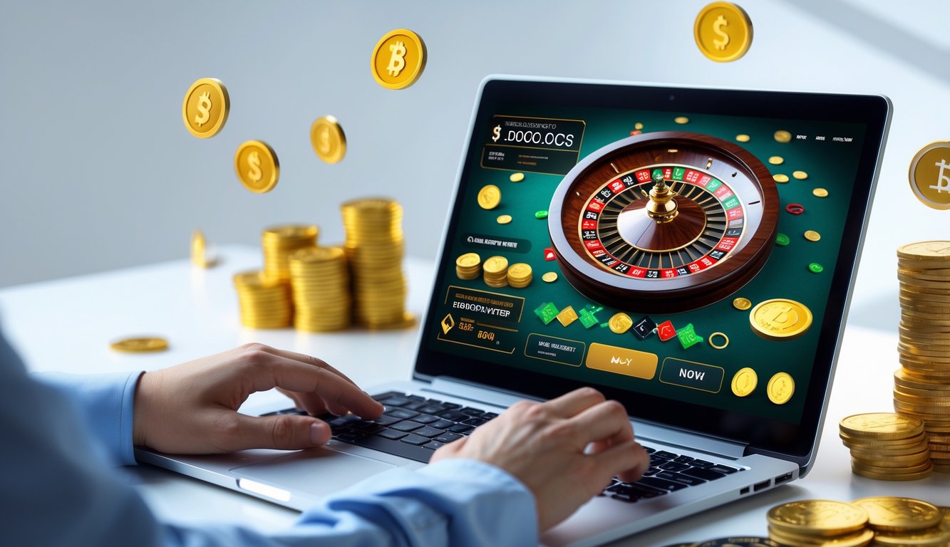 Seseorang menggunakan komputer dengan tampilan permainan roulette online dan chip taruhan, di meja kerja yang rapi dengan tumpukan uang dan koin di sekitar.
