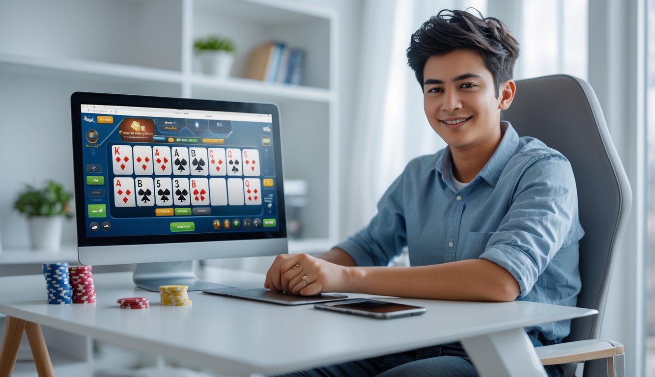 Seorang pemuda duduk di depan laptop bermain kartu online dengan ekspresi percaya diri di ruang kerja yang terang dan rapi.