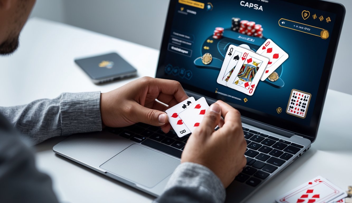 Seseorang sedang bermain judi Capsa online menggunakan laptop di meja kerja dengan suasana tenang dan fokus.