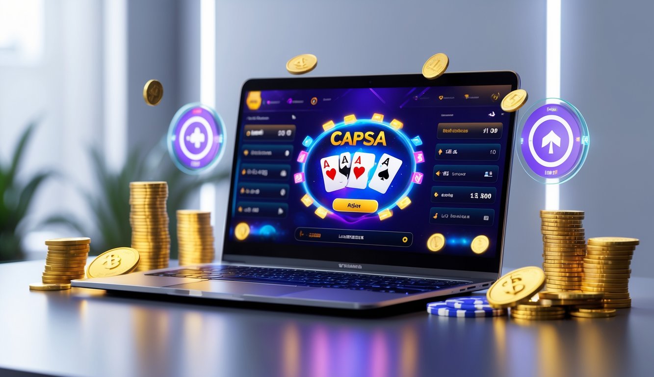 Seorang pemain sedang menggunakan komputer dengan permainan Capsa online yang menampilkan kartu dan chip judi di meja.
