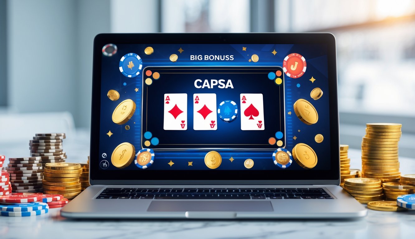 Seseorang bermain permainan kartu Capsa secara online di depan komputer dengan tumpukan chip poker dan koin emas di sekitarnya.